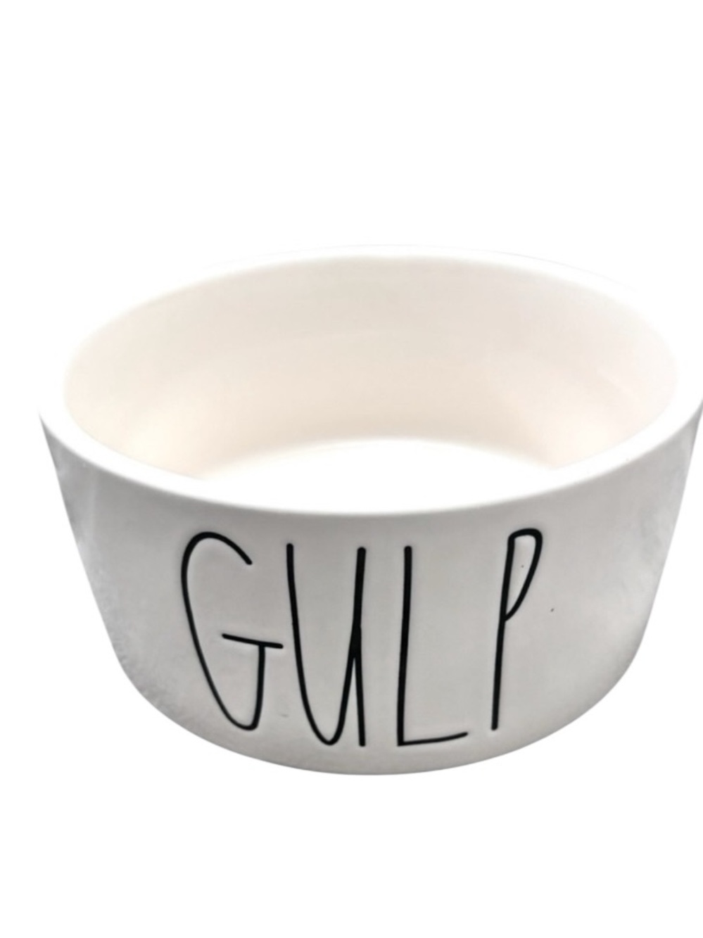 NEW 6” Ceramic Rae Dunn White Cat Dog Small Pet Bowl with Black GULP Lettering